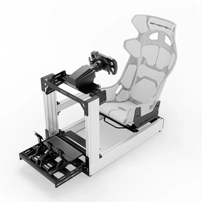 White SIMGASM Sport sim racing cockpit with MOZA gear and white GT seat, front three-quarter with pedals