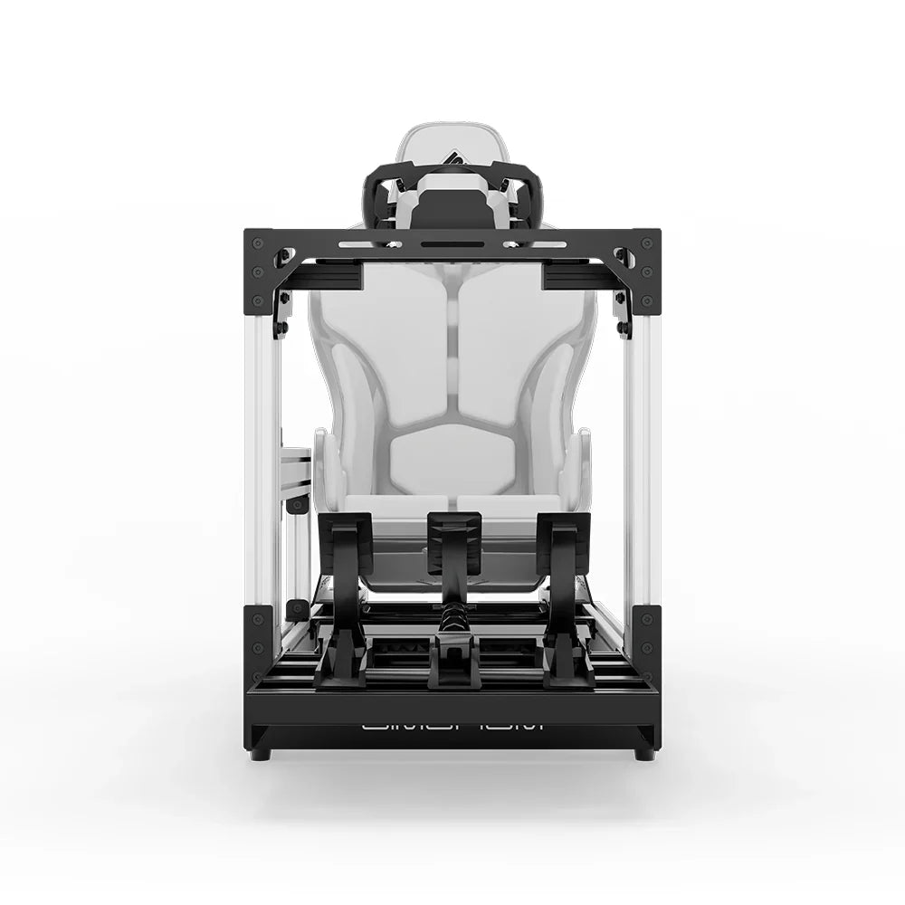White SIMGASM Sport sim racing cockpit with MOZA gear and white Formula seat, direct front view