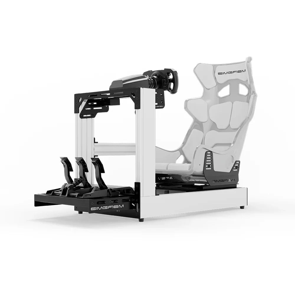 White SIMGASM Sport sim racing cockpit with MOZA gear and white GT seat, opposite side with cushions
