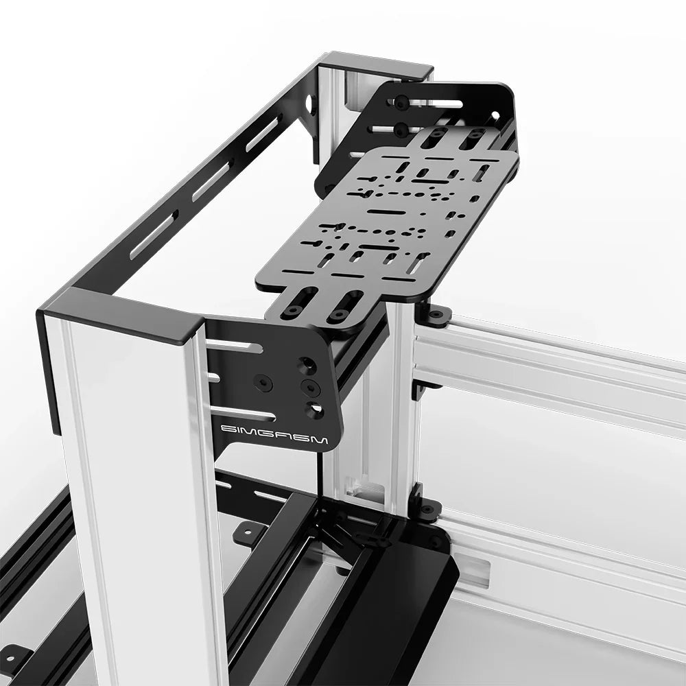 White SIMGASM Sport sim racing cockpit with bottom wheel mount, mounting hardware close-up