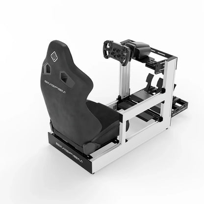 White SIMGASM Sport sim racing cockpit with MOZA gear and black reclining seat, rear three-quarter view