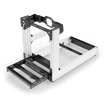 White SIMGASM Sport sim racing cockpit with front wheel mount, elevated front three-quarter view