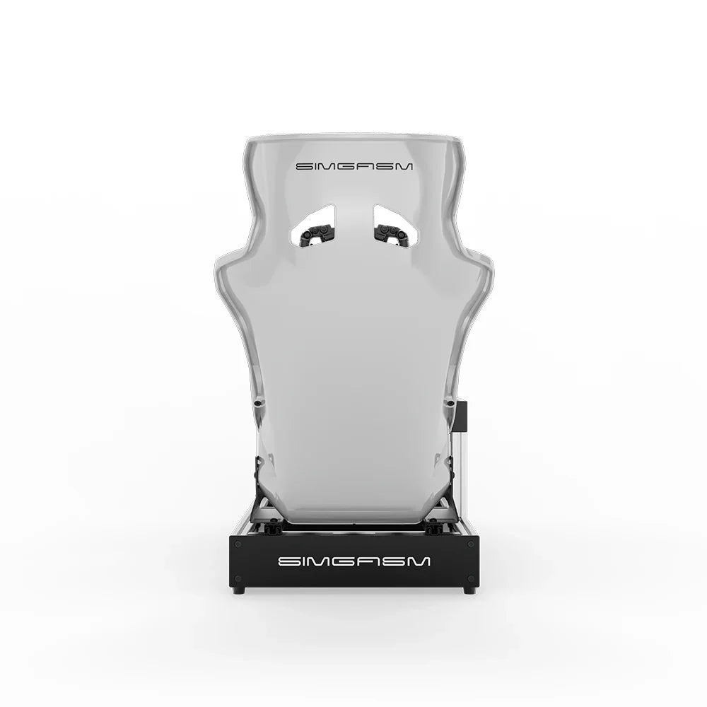 White SIMGASM Sport sim racing cockpit with MOZA gear and white GT seat, direct rear view