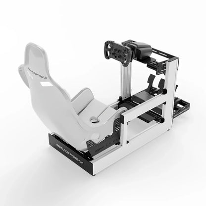 White SIMGASM Sport sim racing cockpit with MOZA gear and white Formula seat, rear three-quarter view