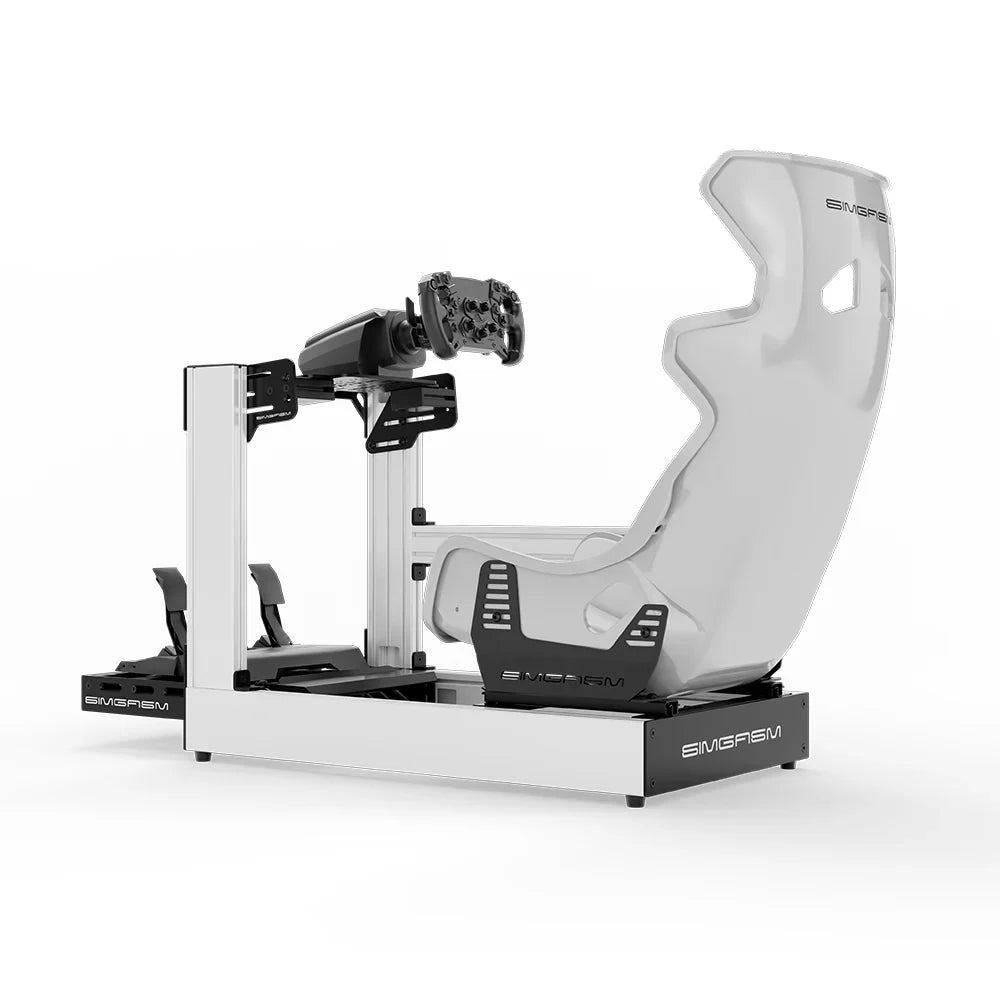 White SIMGASM Sport sim racing cockpit with MOZA gear and white GT seat, side view showing seat back