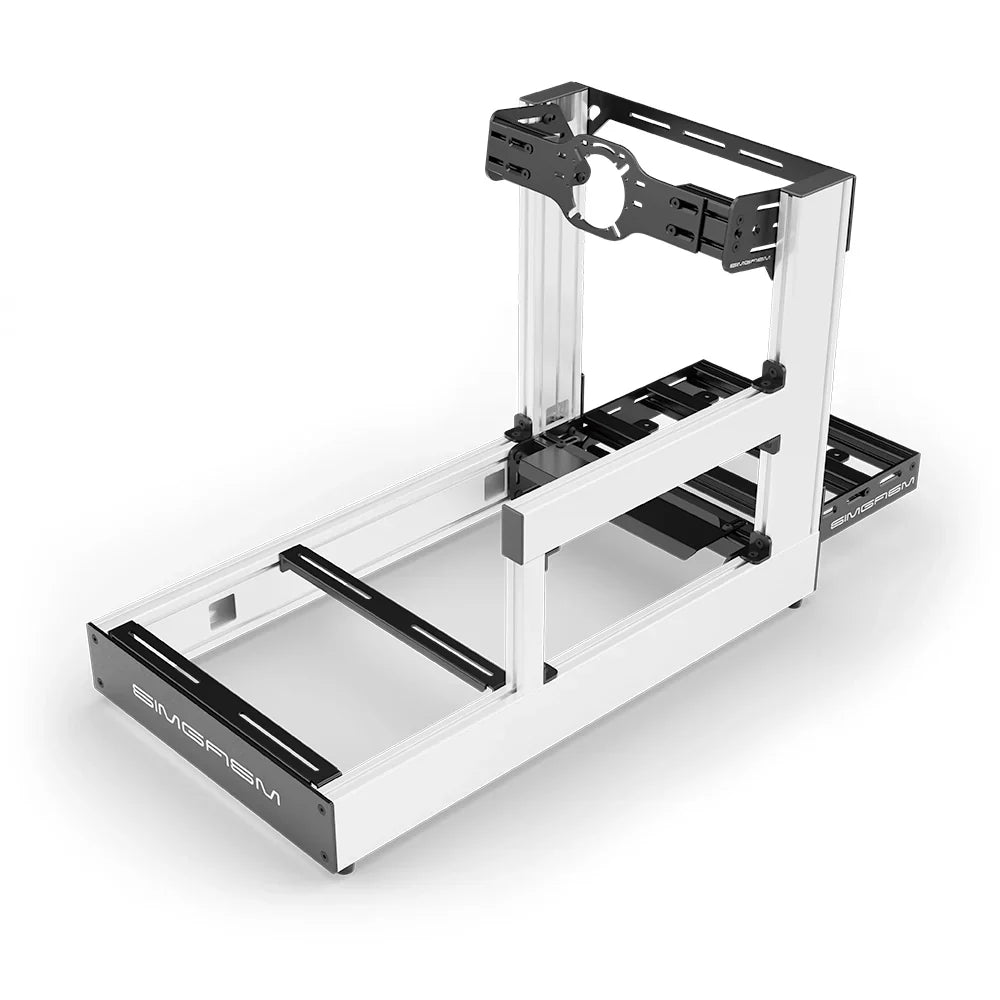 White SIMGASM Sport sim racing cockpit with front wheel mount, elevated rear three-quarter view