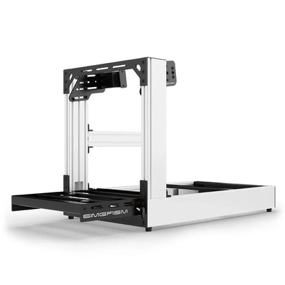 White SIMGASM Sport sim racing cockpit with side wheel mount, low front three-quarter view