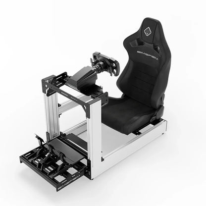 White SIMGASM Sport sim racing cockpit with MOZA gear and black reclining seat, front three-quarter with pedals