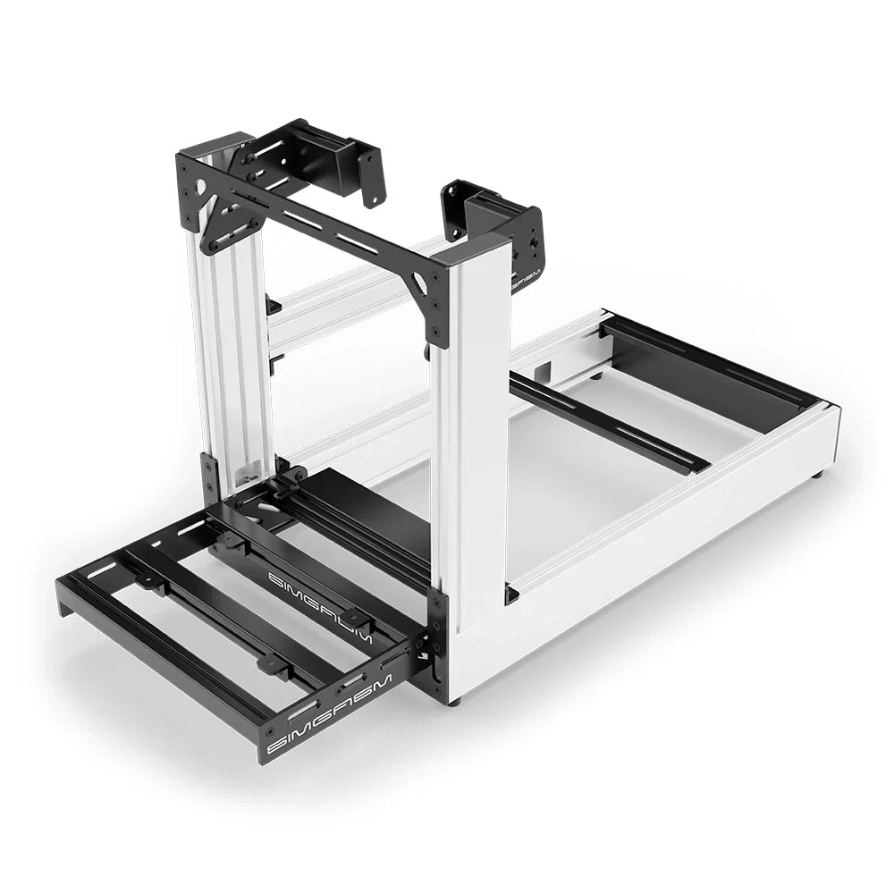 White SIMGASM Sport sim racing cockpit with side wheel mount, elevated front three-quarter view