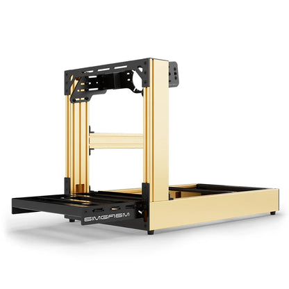 Gold SIMGASM Sport sim racing cockpit with front wheel mount, low front three-quarter view