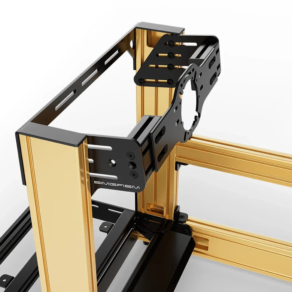 Gold SIMGASM Sport sim racing cockpit with front wheel mount, mounting hardware close-up