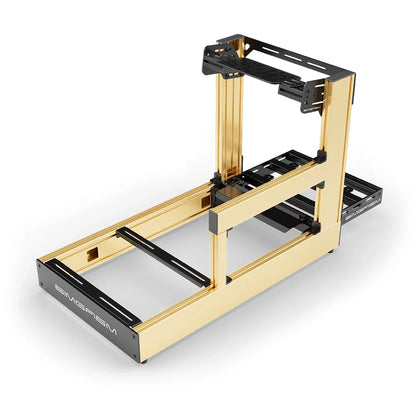 Gold SIMGASM Sport sim racing cockpit with bottom wheel mount, elevated rear three-quarter view