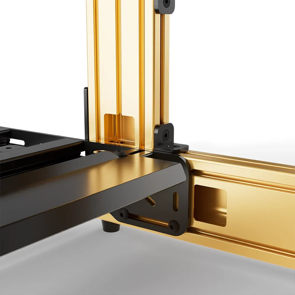 Gold SIMGASM Sport sim racing cockpit, close-up of a frame joint and triangular bracket