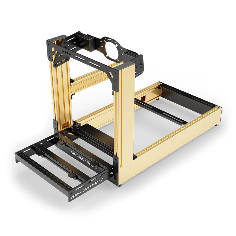 Gold SIMGASM Sport sim racing cockpit with front wheel mount, elevated front three-quarter view