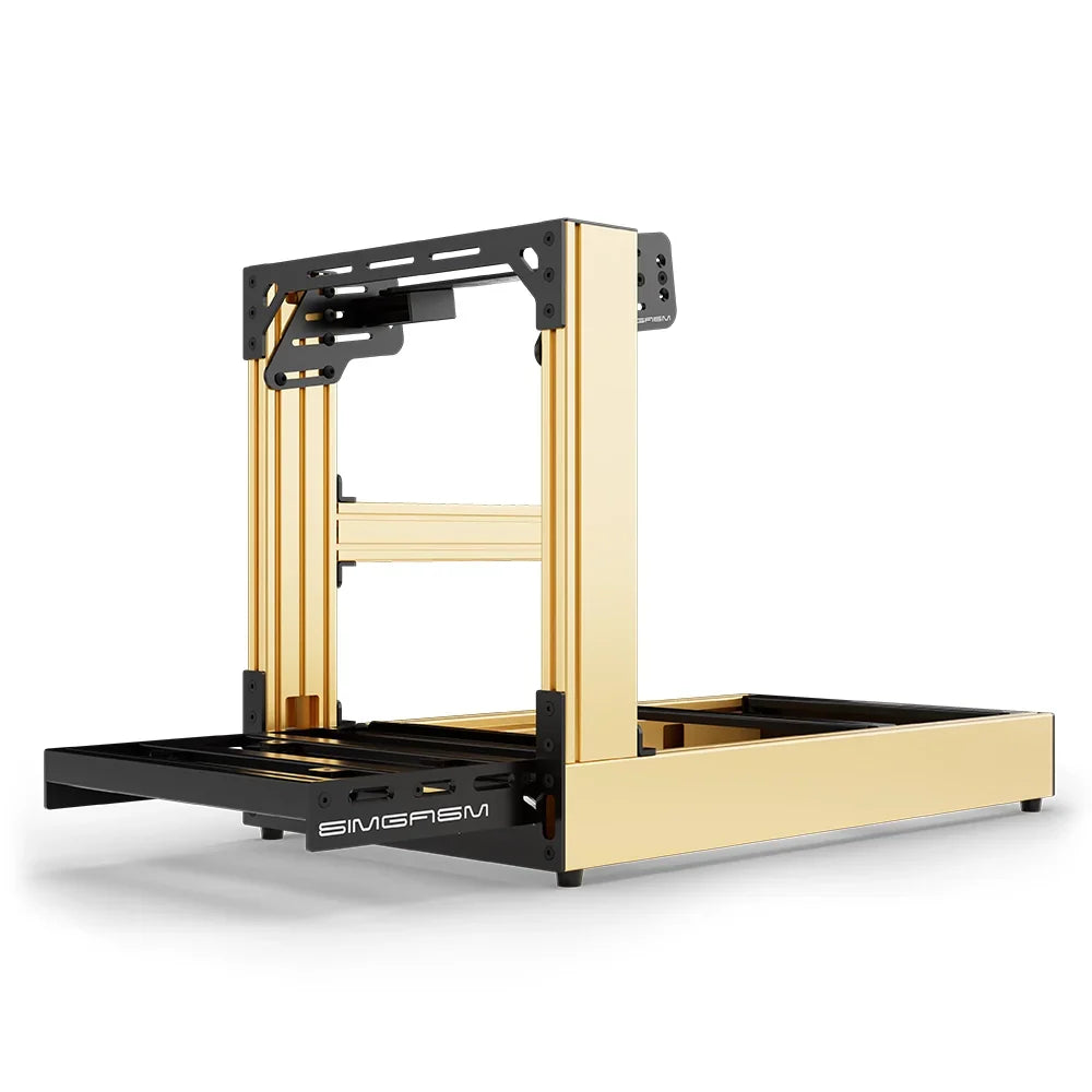 Gold SIMGASM Sport sim racing cockpit with bottom wheel mount, low front three-quarter view