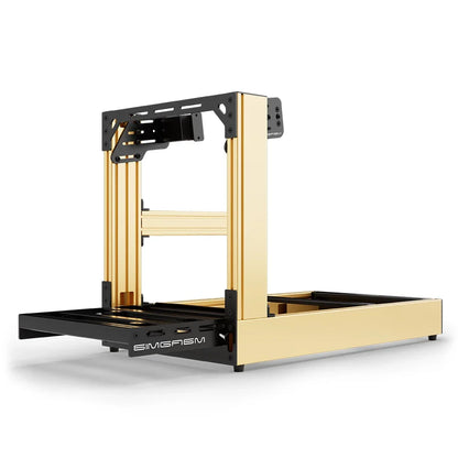 Gold SIMGASM Sport sim racing cockpit with side wheel mount, low front three-quarter view