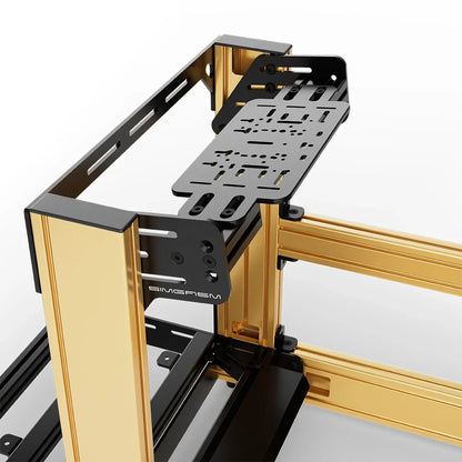 Gold SIMGASM Sport sim racing cockpit with bottom wheel mount, mounting hardware close-up