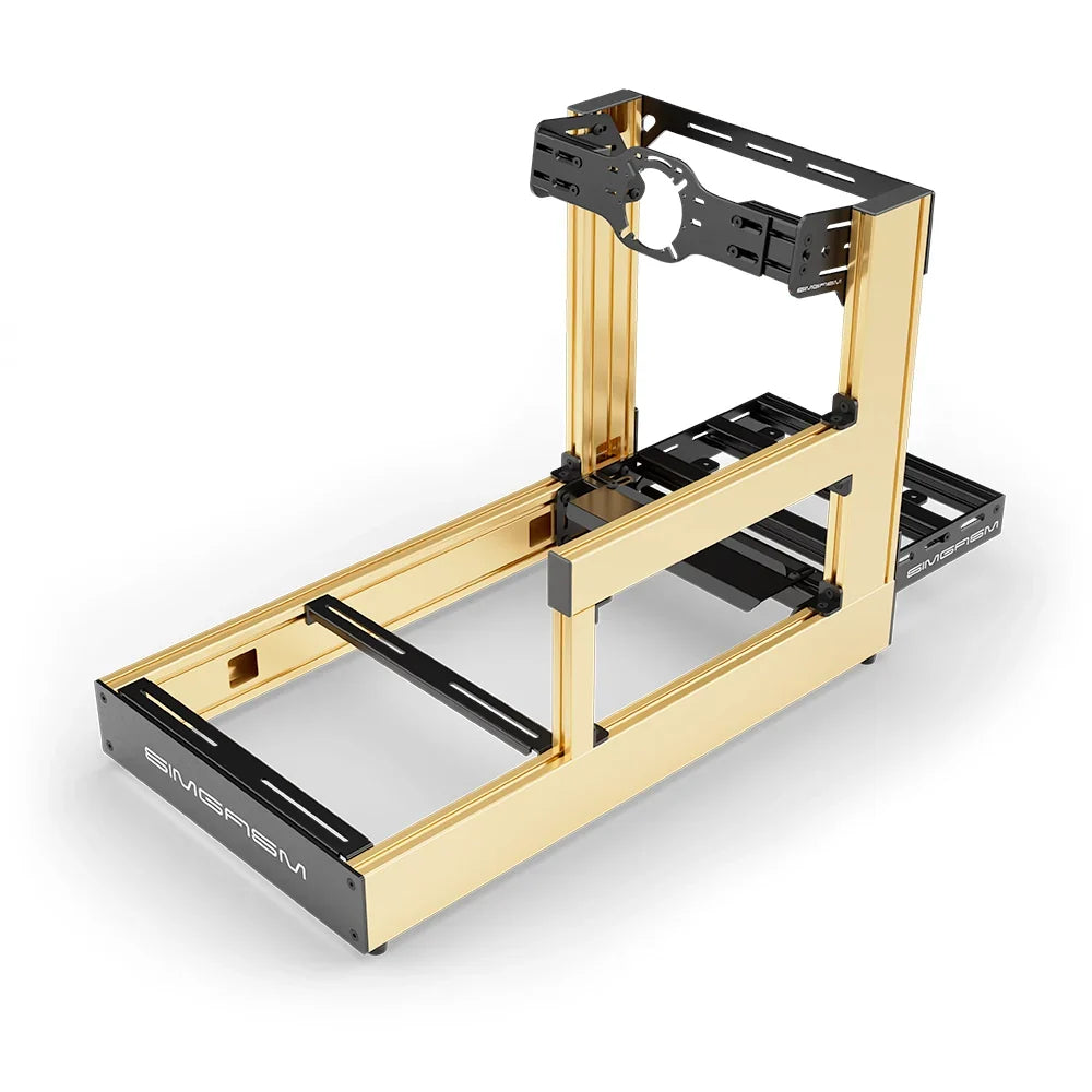 Gold SIMGASM Sport sim racing cockpit with front wheel mount, elevated rear three-quarter view