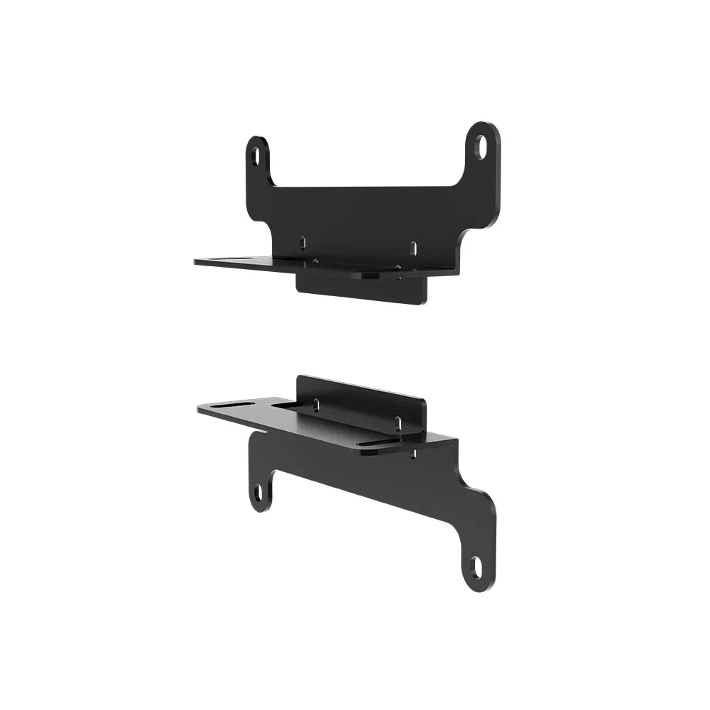 Rear angled view of the black VESA bracket pair, showing slotted base plates and mounting tabs